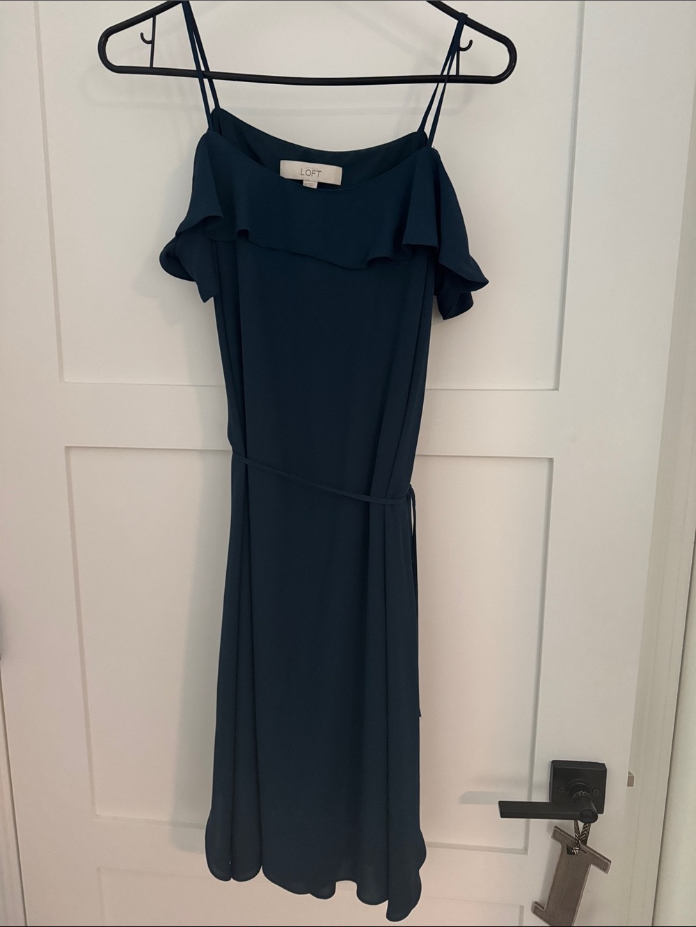 LOFT Teal Off-Shoulder Ruffle Midi Dress